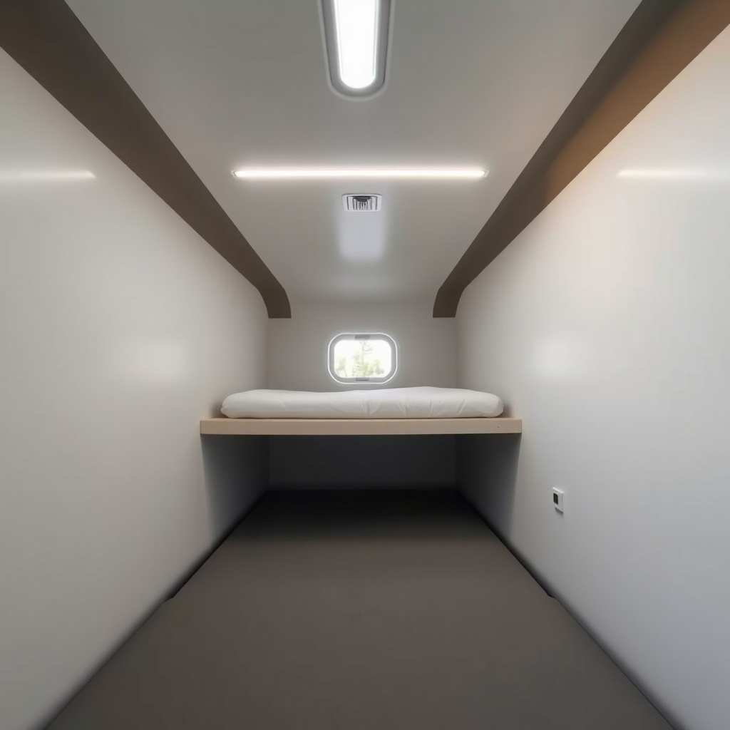 A clean photorealistic photo of the EcoCapsule's upper sleeping area with a foldable mattr