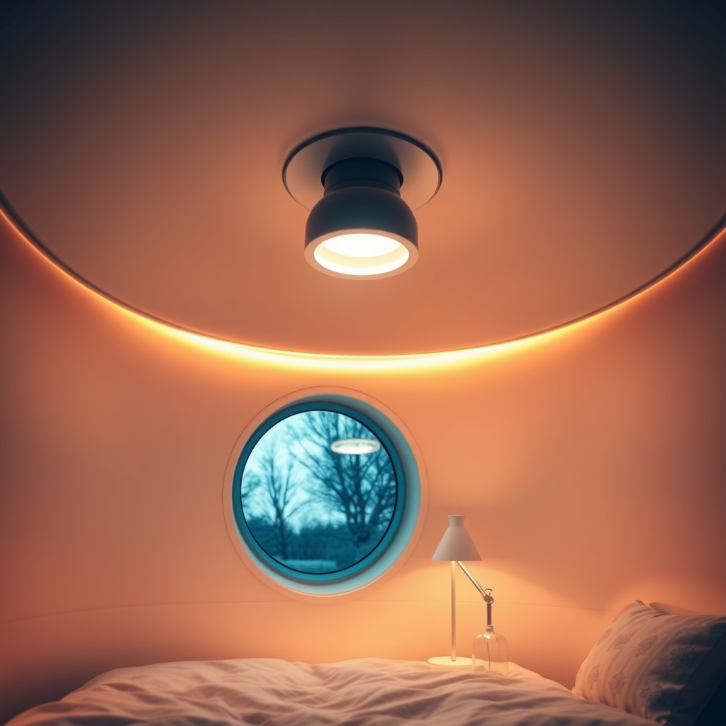 A clean photorealistic photo of the EcoCapsule interior at night showing layered warm LED