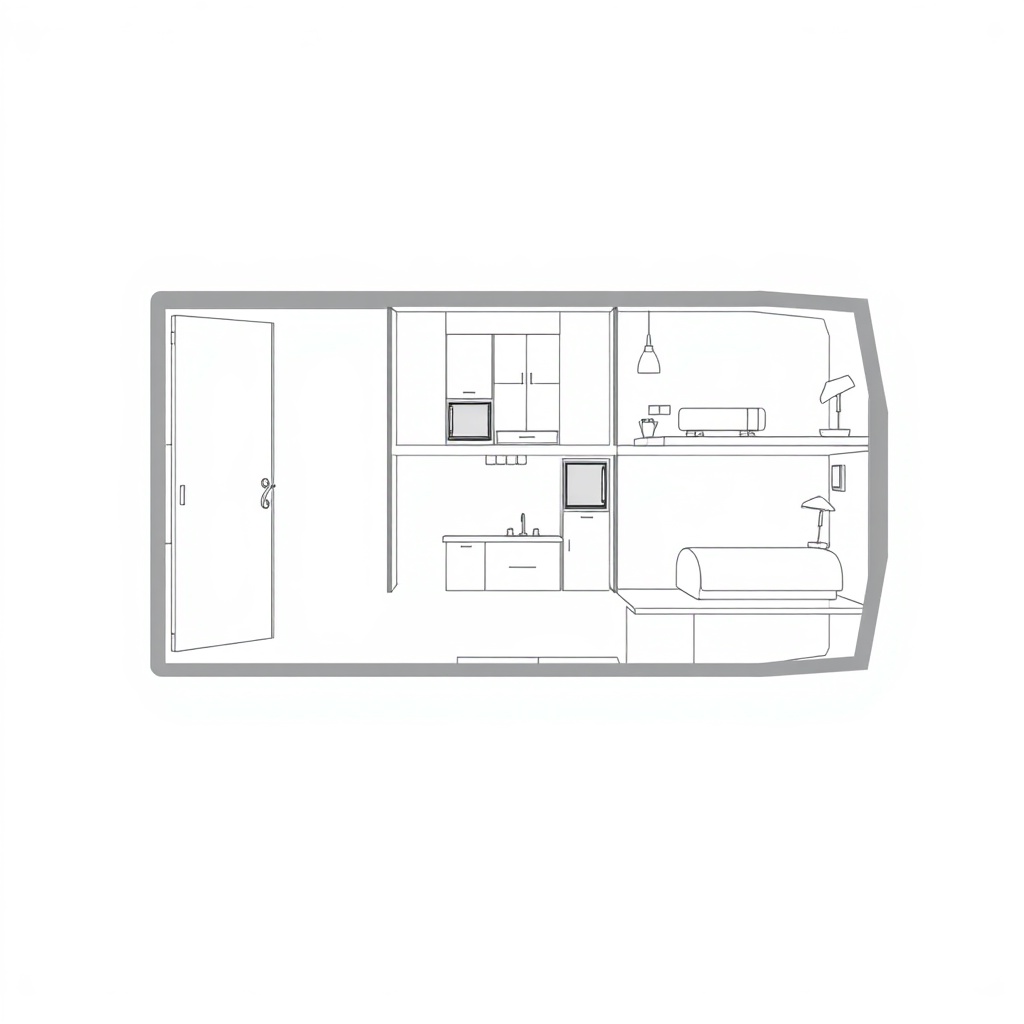 Simple floor plan diagram of EcoCapsule showing entrance on left