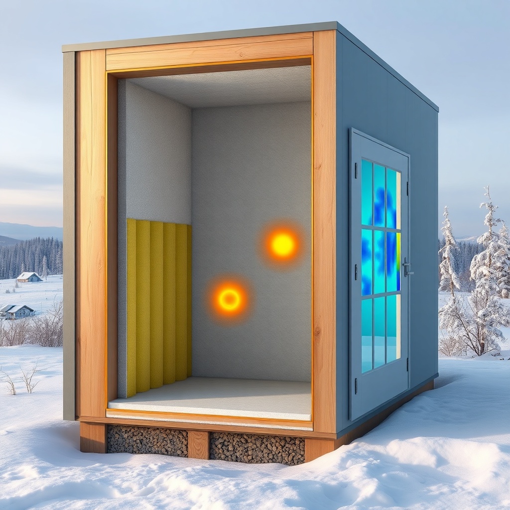 A photorealistic cross-section cutaway of the EcoCapsule wall showing layers of insulation