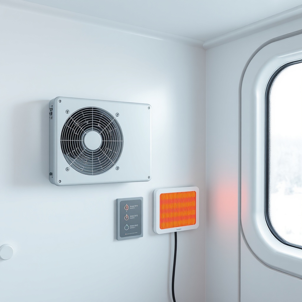 A photorealistic interior view of an EcoCapsule showing a wall-mounted heat recovery venti