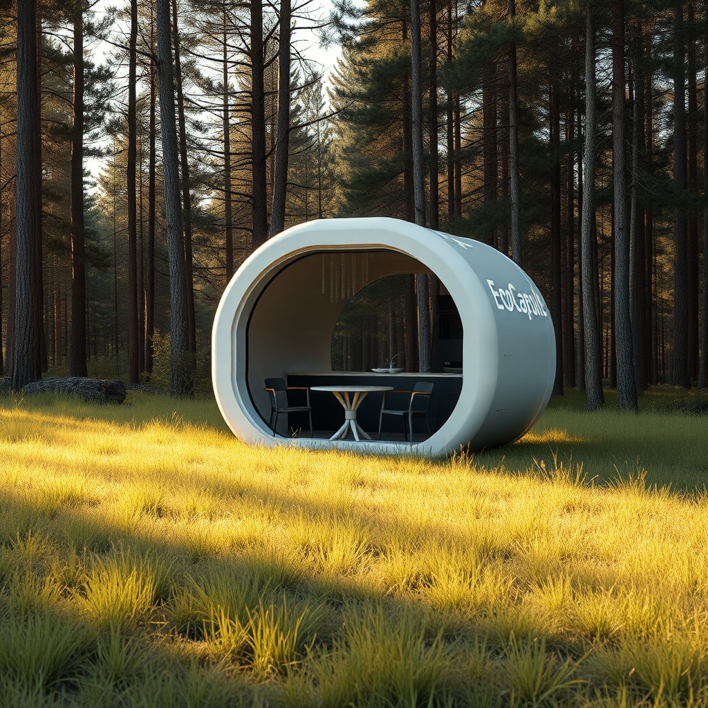 A photorealistic photo of the EcoCapsule placed on a grassy meadow in a forest clearing