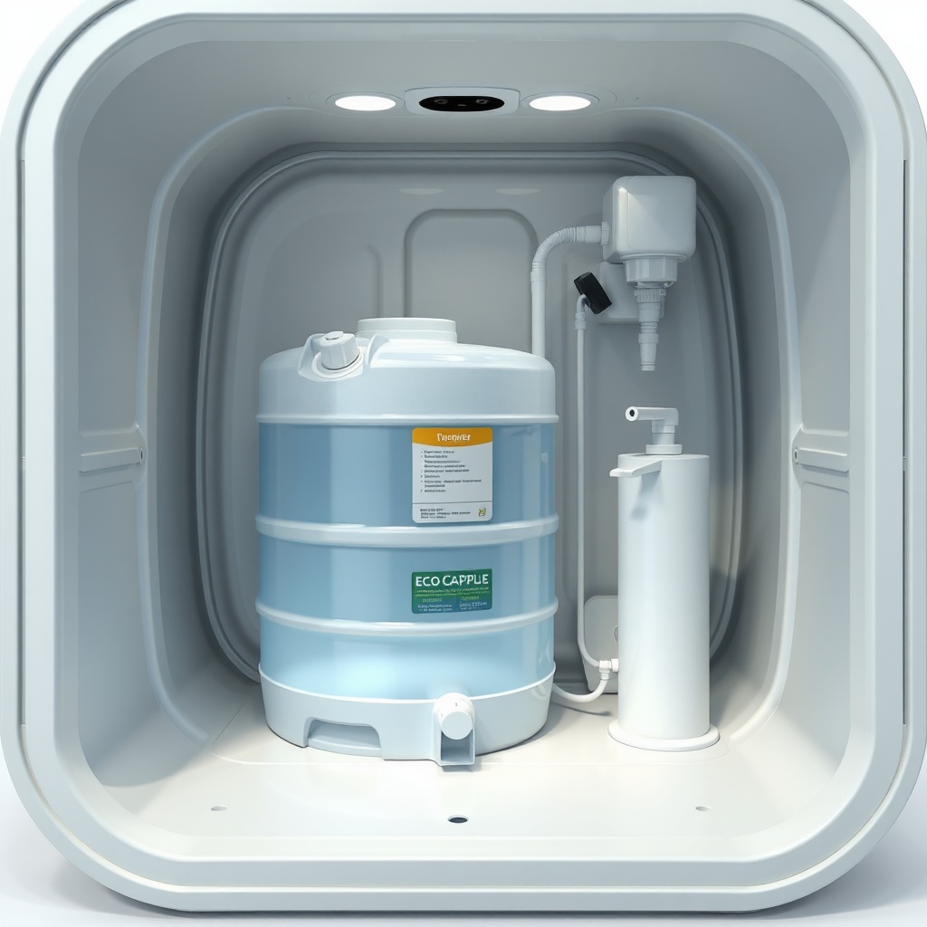 A cutaway 3D illustration style view of the EcoCapsule interior showing the water system w