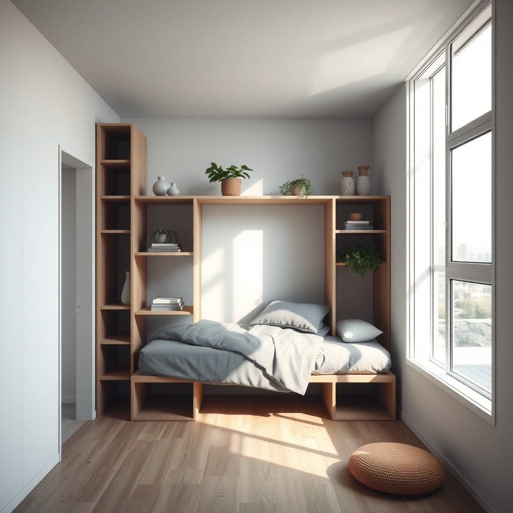 A clean photorealistic photo of an EcoCapsule interior showing a modular shelving unit use