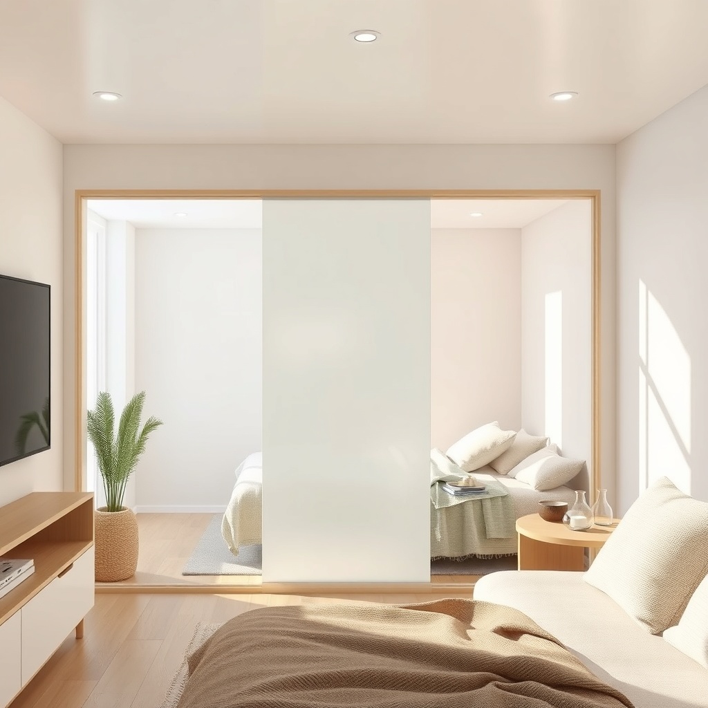 A photorealistic illustration of an EcoCapsule interior with a slim milk glass room divide
