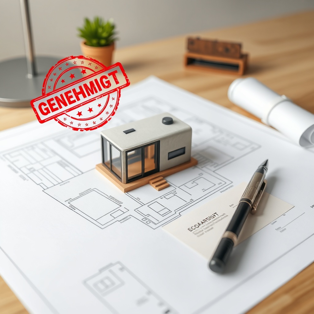 A photorealistic photo showing a architect’s desk with a small-scale model of an EcoCapsul