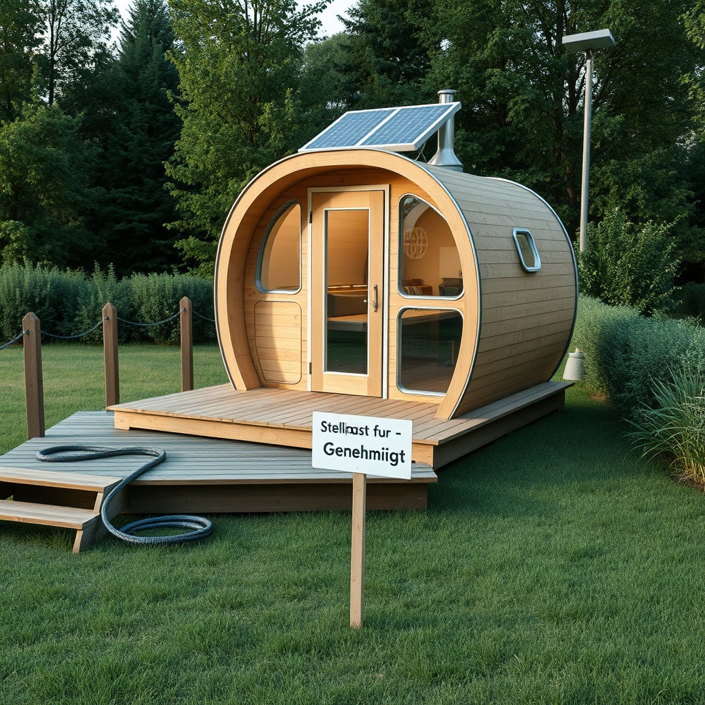 A clean photorealistic photo of a wooden deck with an EcoCapsule placed on it