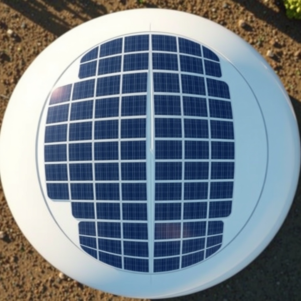 A clean photorealistic top-down view of the EcoCapsule's curved white roof with rows of da