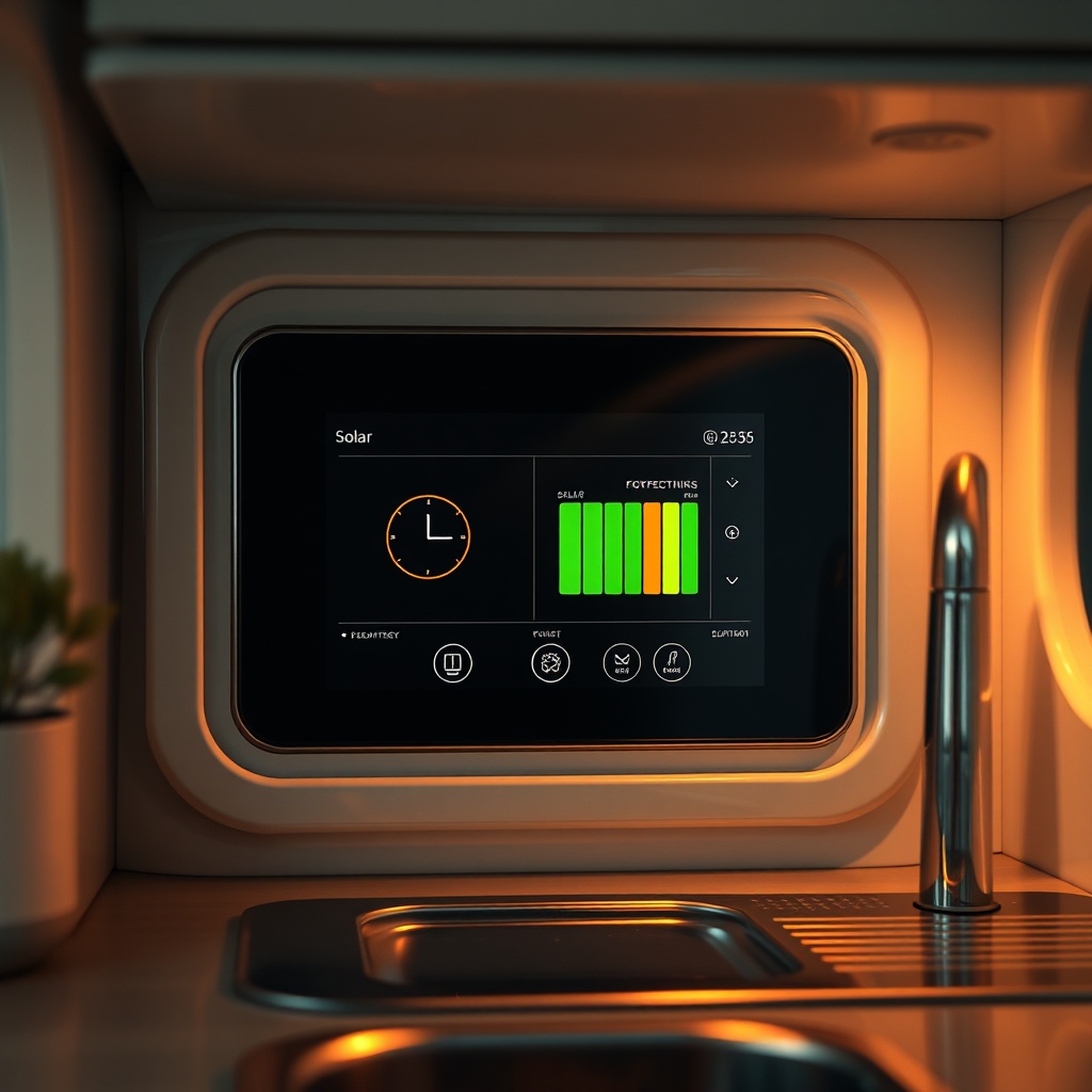 A photorealistic close-up of the interior control panel in the EcoCapsule's compact kitche