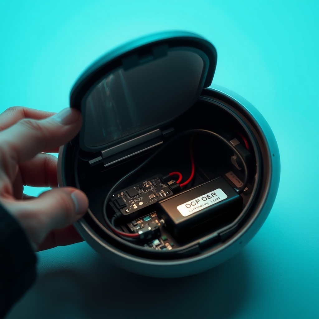 A clean photorealistic photo of a person inspecting the interior battery compartment of an