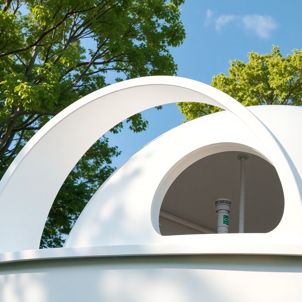 A clean photorealistic photo of the EcoCapsule's curved white roof with a seamless gutter