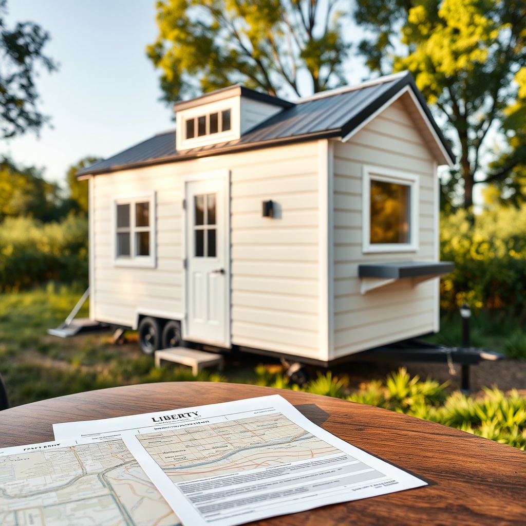 A photorealistic photo of a tiny house model "Liberty" parked on a grass lot with a buildi