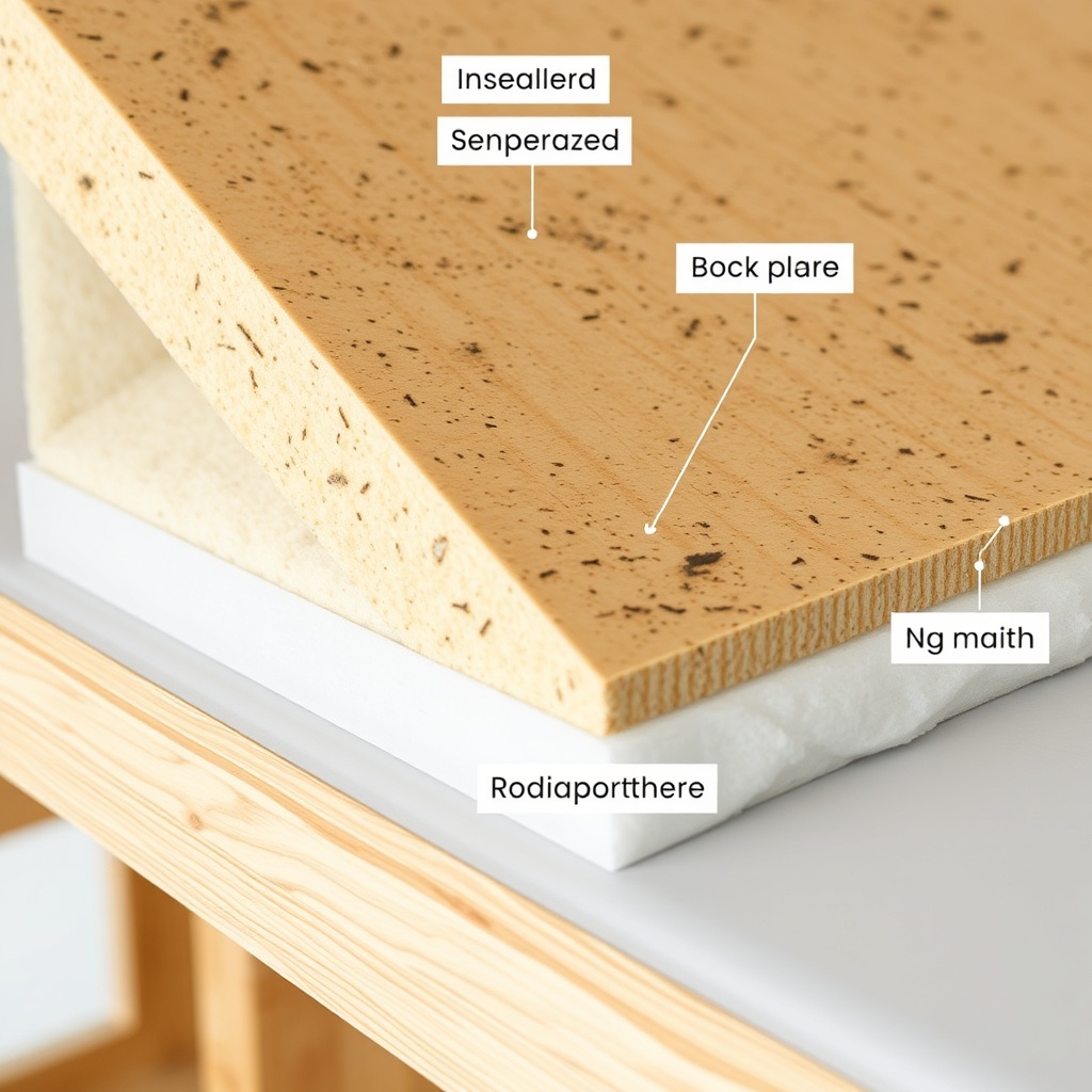 Close-up cross-section of a tiny house roof showing mineral wool insulation