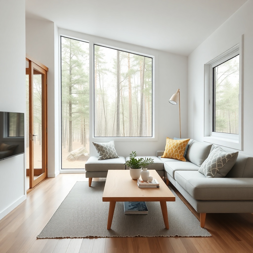 A clean photorealistic interior photo of a Tiny House Liberty with a Scandinavian-style so