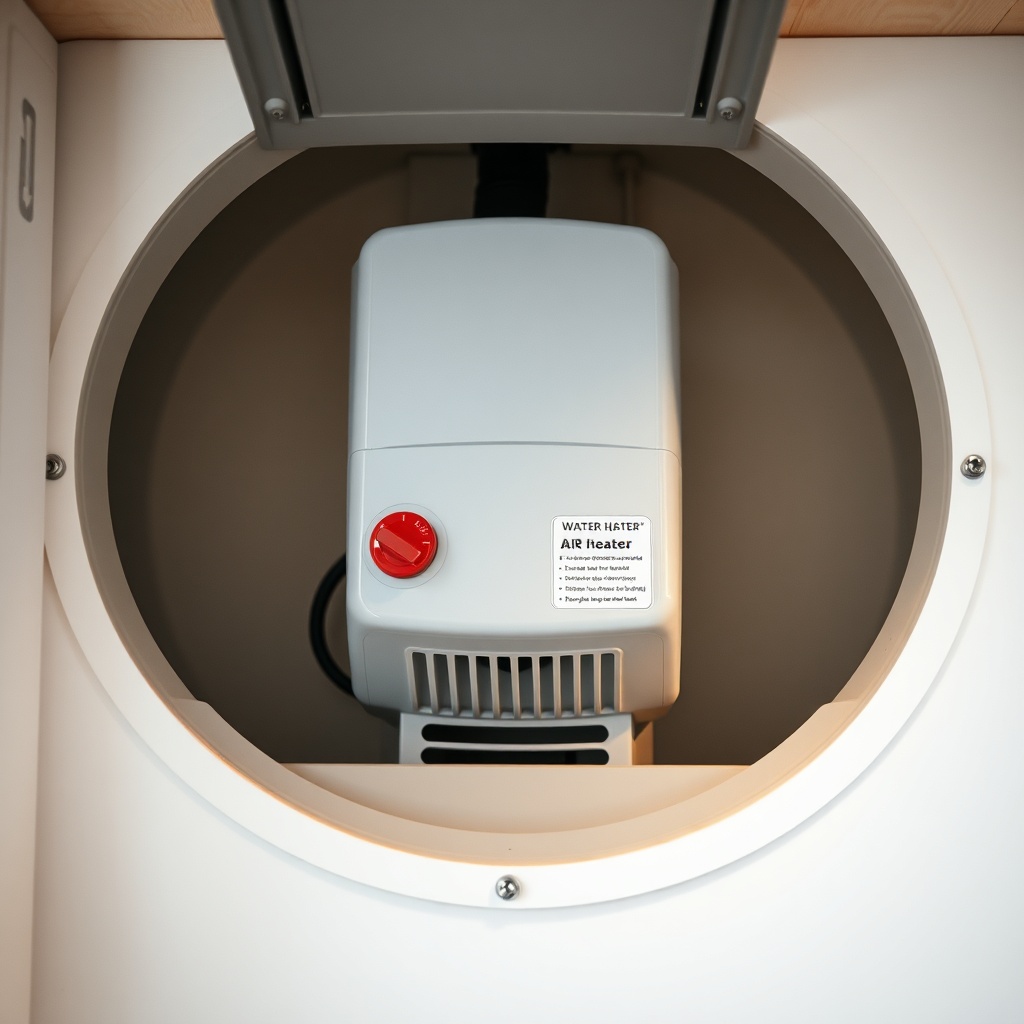 A close-up photorealistic photo of an open service hatch in a tiny house