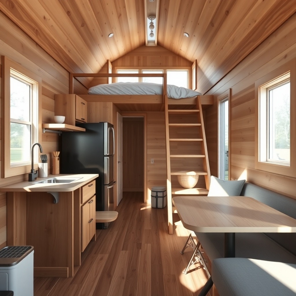 A clean photorealistic photo of the interior of a Tiny House Liberty model showing the ope