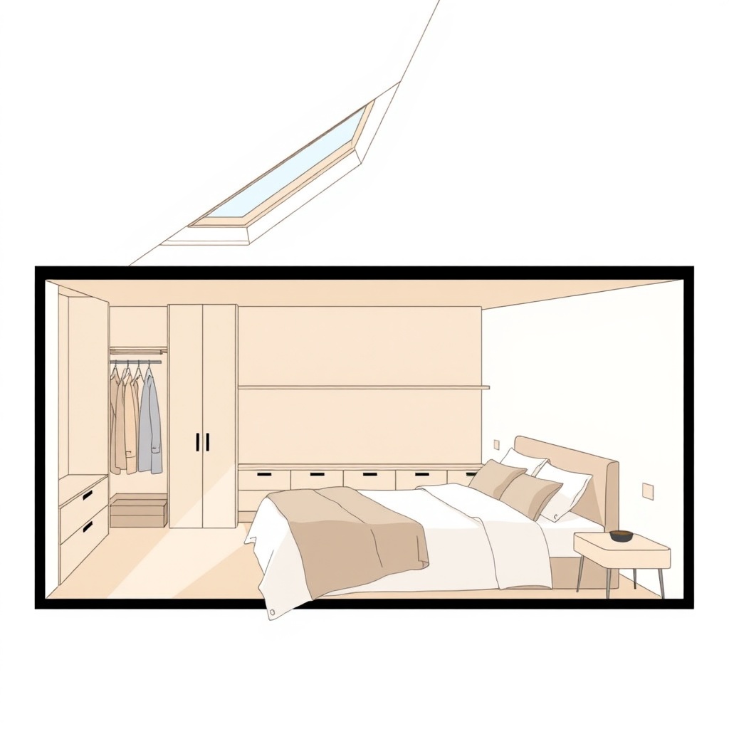 A simple illustration showing a cross-section of the Liberty's loft bedroom with a low-pro