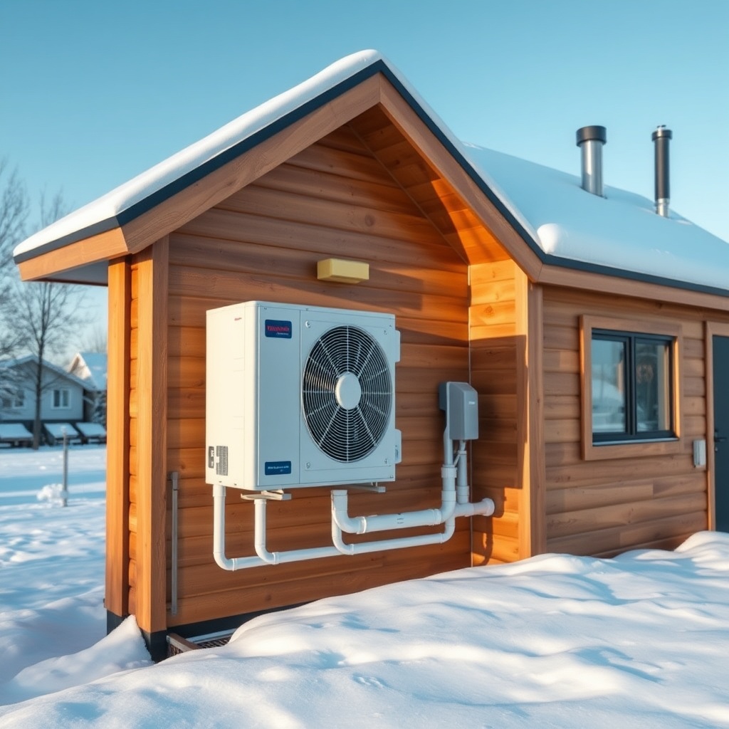 A photorealistic photo of a compact heat pump unit mounted on the exterior wall of a moder