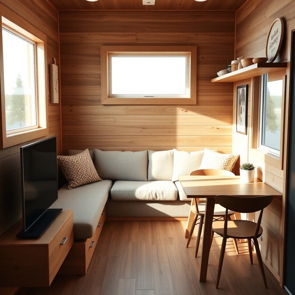 A photorealistic interior view of the Liberty tiny house living area