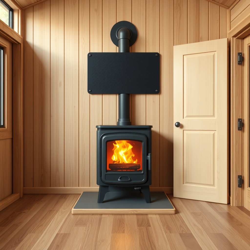 A photorealistic image of a modern tiny house heater setup in a wooden interior