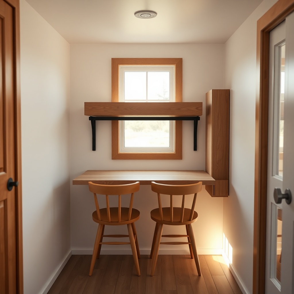 A clean photorealistic photo of the interior of a Liberty Tiny House showing a wall-mounte