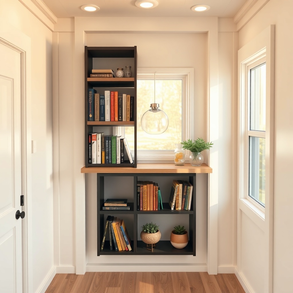 A photorealistic illustration showing a Liberty Tiny House interior with a foldable wall-m