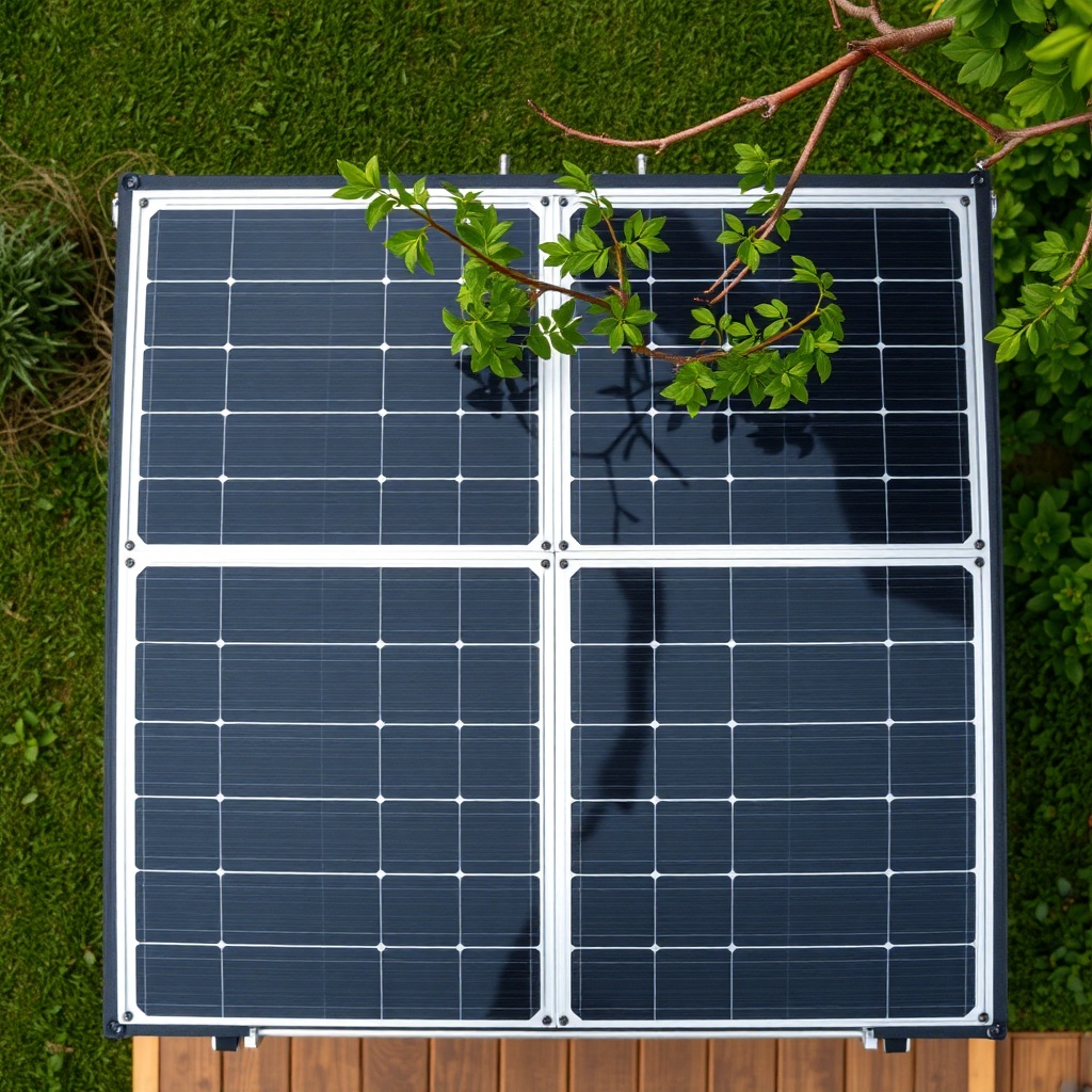 A photorealistic top-down view of a Tiny House Liberty's roof with two solar panels