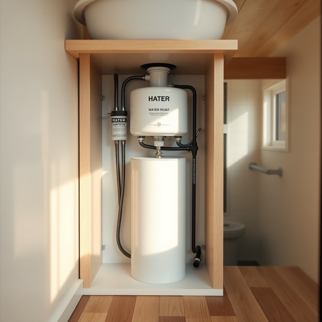 A clean photorealistic photo of a compact under-sink cabinet in a tiny house showing a sma