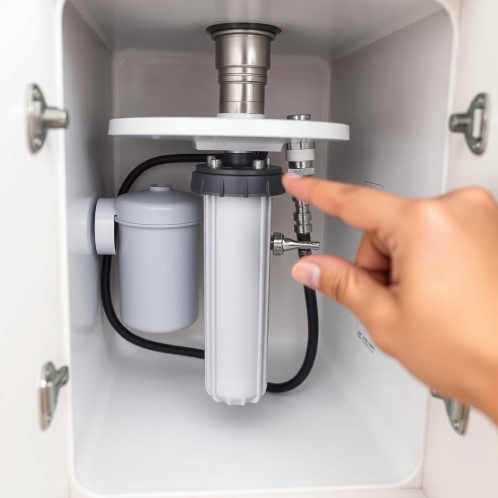 A photorealistic close-up illustration of a water filter housing and pump unit under a tin