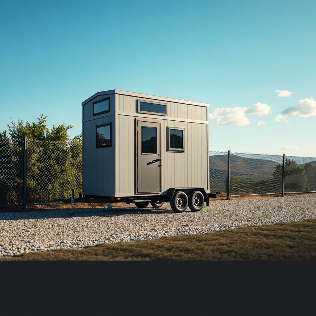 A photorealistic photo showing a Tiny House Pod von Minimod on a trailer with small wheels