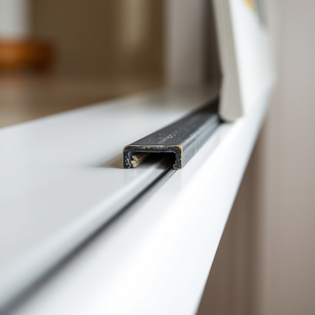 Close-up macro shot of a slightly worn rubber seal on a sliding door track
