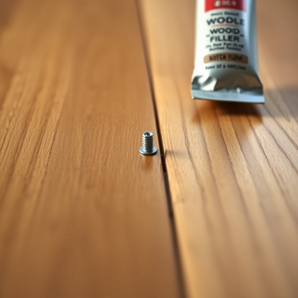 Detailed close-up of a wooden floorboard with a small screw head and a tube of wood filler