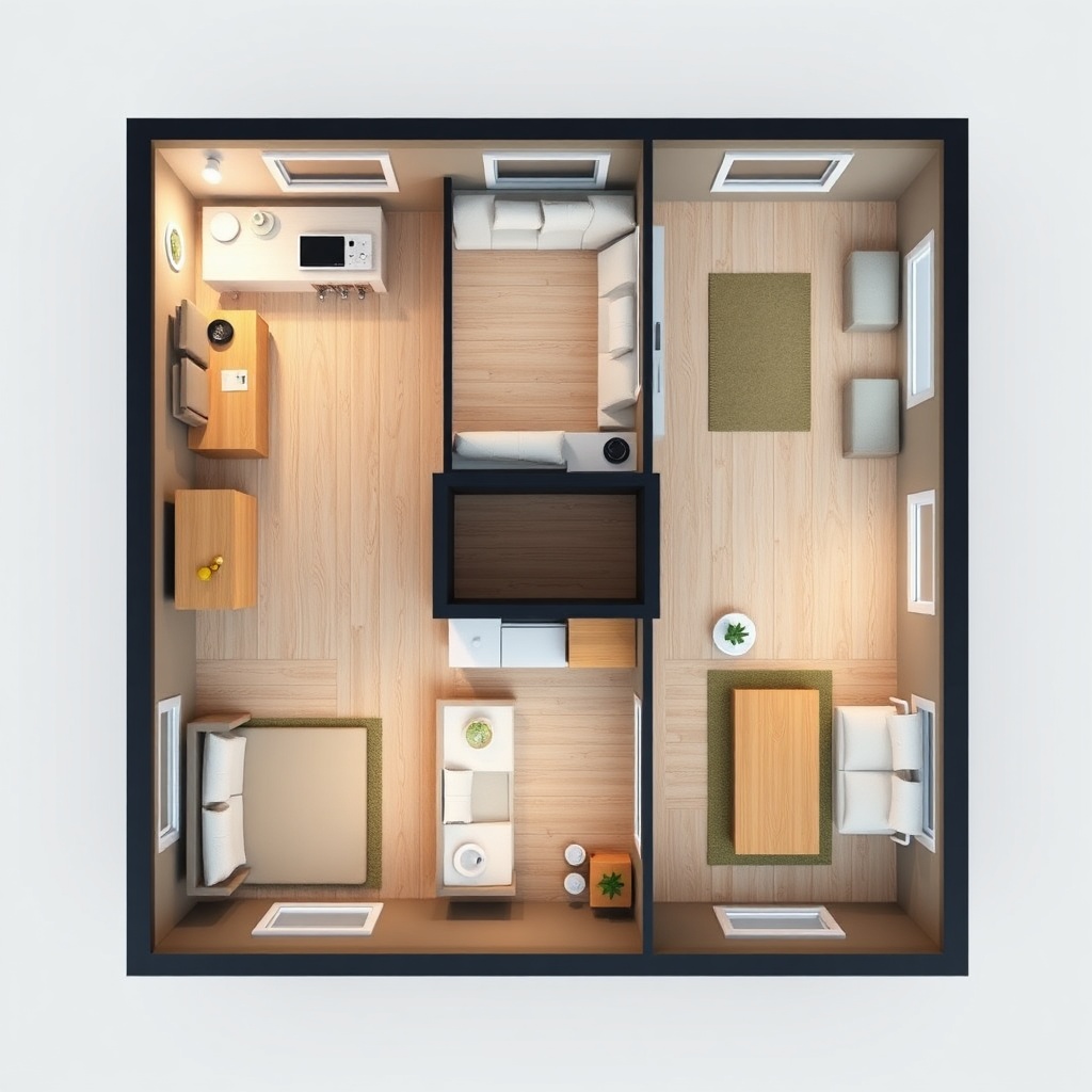 A photorealistic top-down floor plan of two variant layouts for a tiny house model Pod by