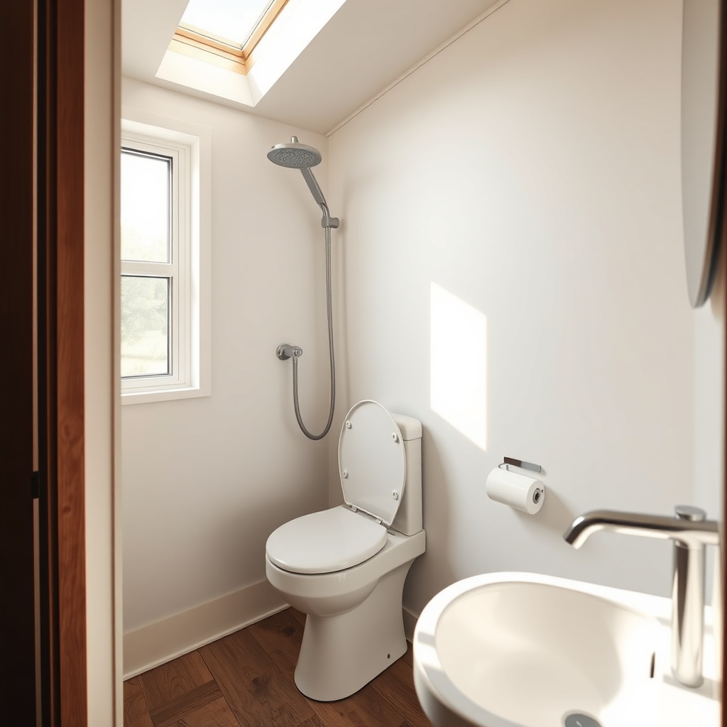 A photorealistic photo of a compact bathroom in a tiny house