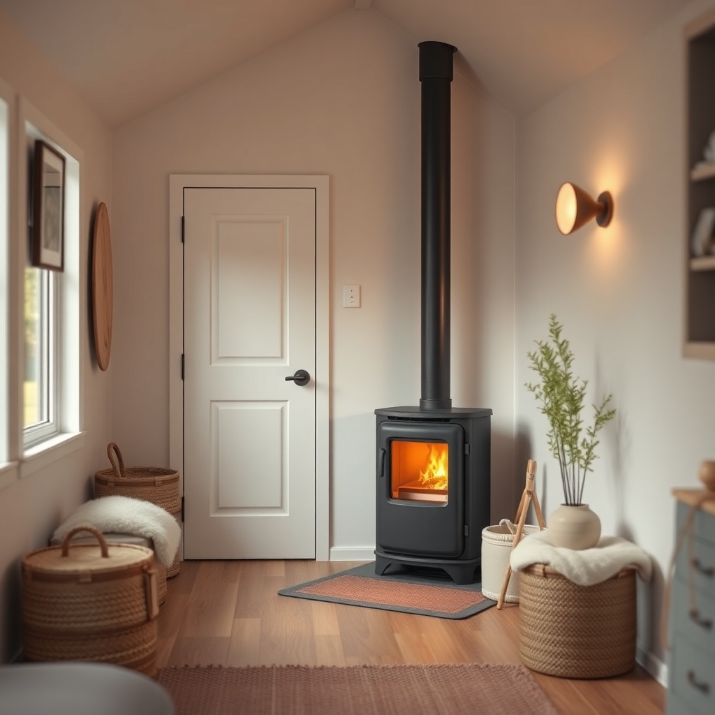 A clean photorealistic photo of a tiny house interior with a compact pellet stove in the c
