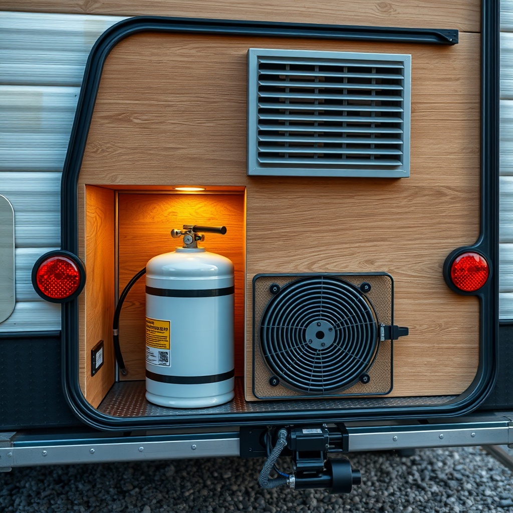 A photorealistic photo of a tiny house hitch section with a gas cylinder compartment and a