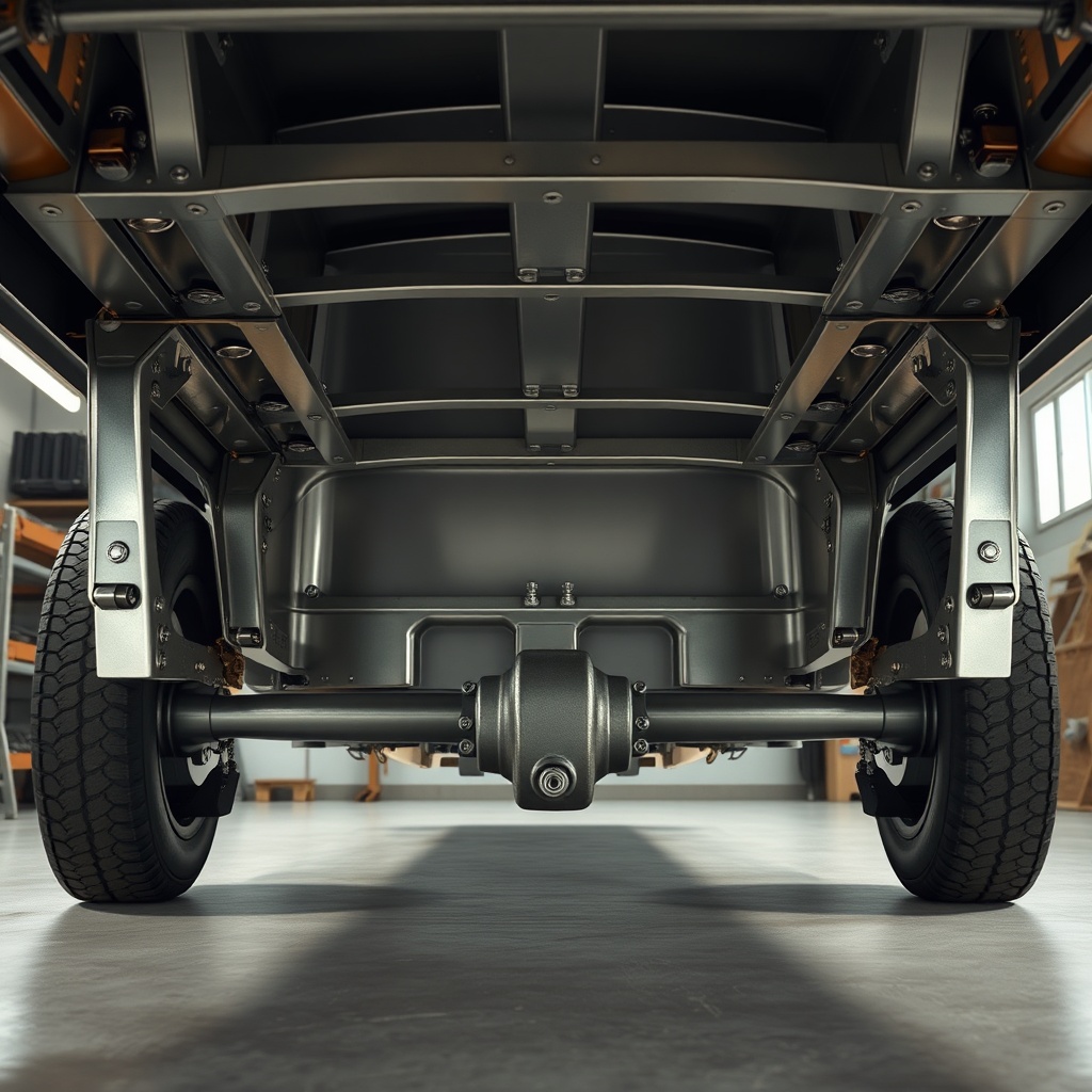 Photorealistic photo of the Pod's steel chassis with welded joints and insulated floor