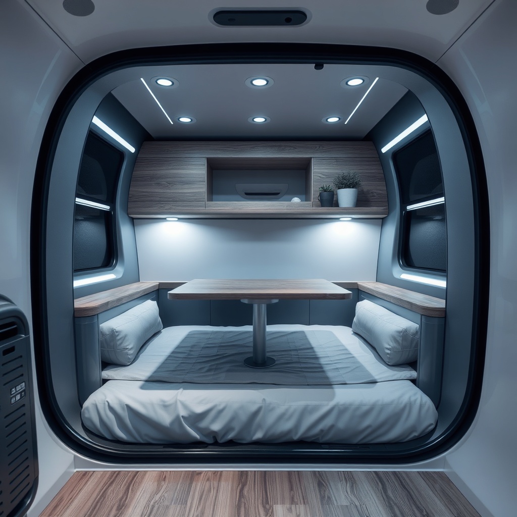 Photorealistic photo of the Pod interior showing opened storage compartments under the bed