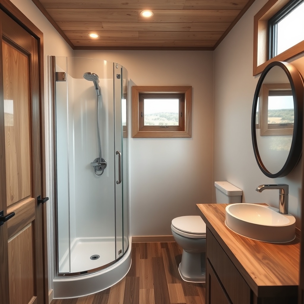 A high-end photorealistic photo of a tiny house bathroom inside a Pod model