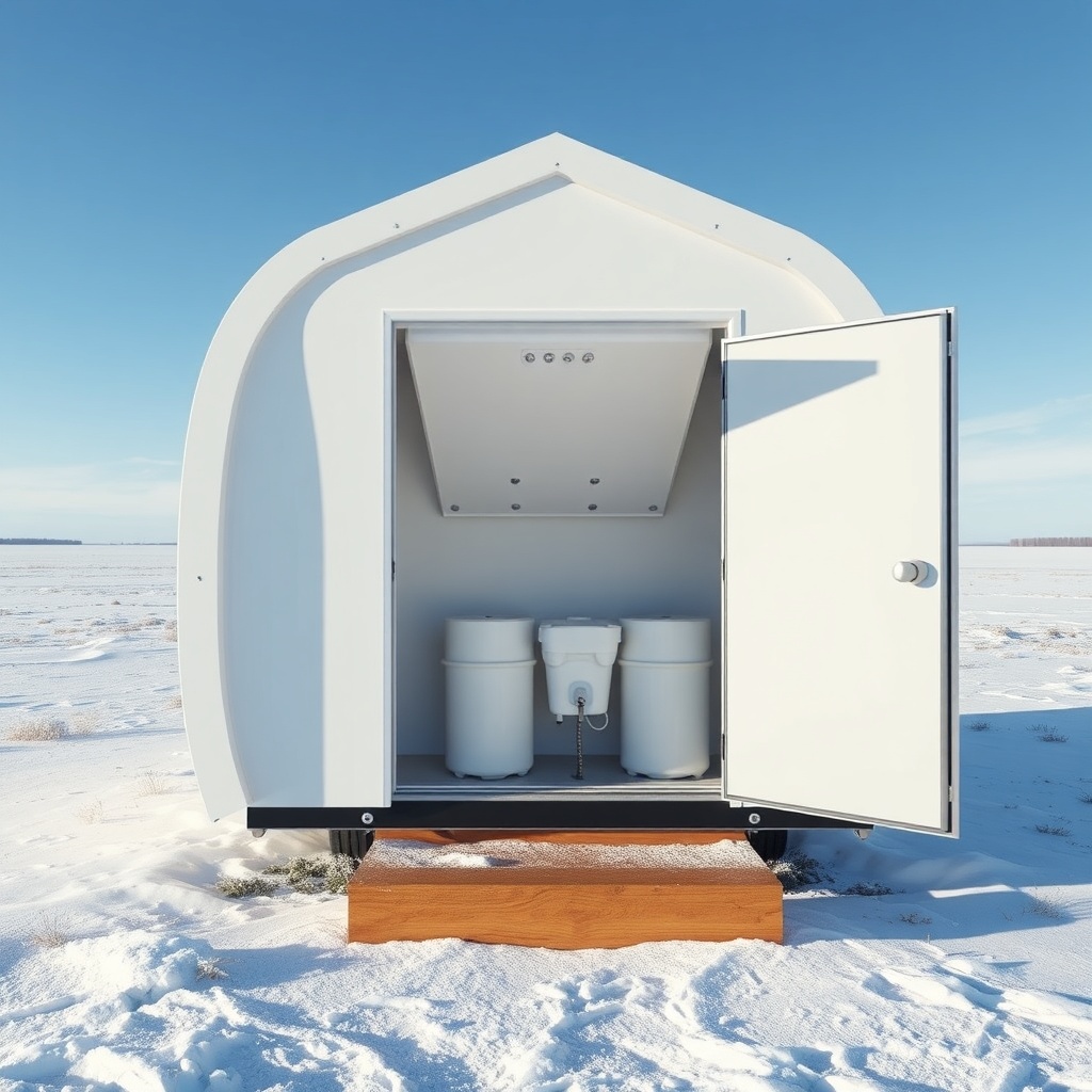 A clean photorealistic photo of the exterior of a Tiny House Pod