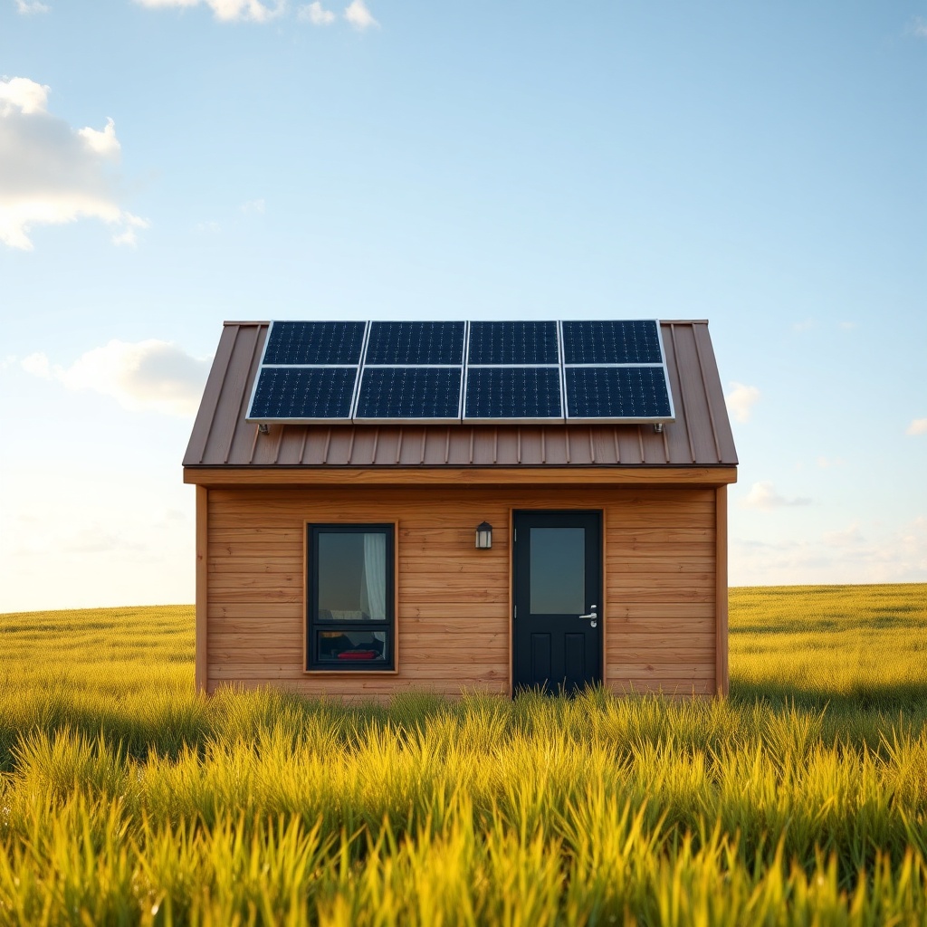 A clean photorealistic exterior shot of a Minimod Pod tiny house on a sunny meadow