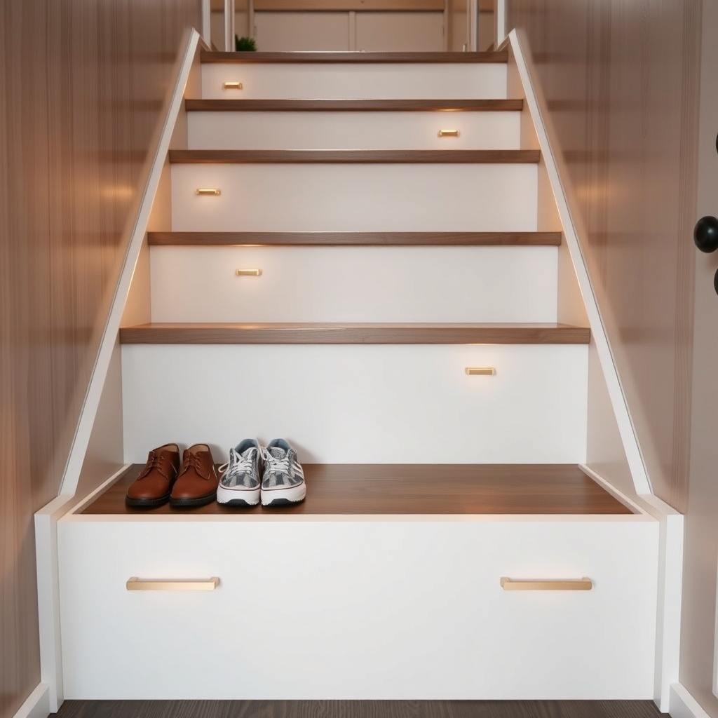 A clean photorealistic photo of the staircase in a Tiny House Modell Pod